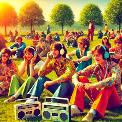 Jovenes en un Parque a finales de los 70s usando el Walkman
