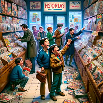 01 de marzo 1963 se publica la primera historieta de Iron Man escena ia de un punto de venta de historietas de 1960